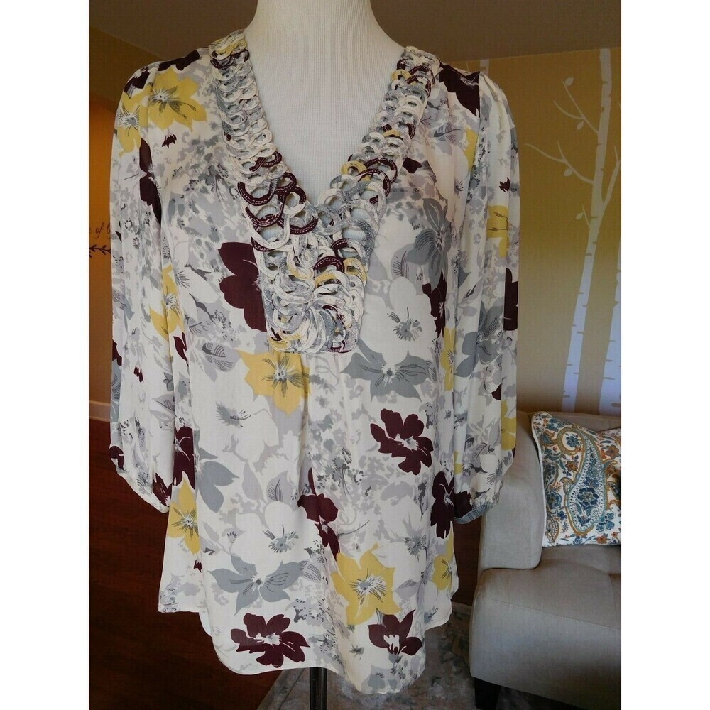 Gorgeous JOIE 100% Silk Floral Print Popover Braided Neck Blouse XS EXCELLENT!!!
